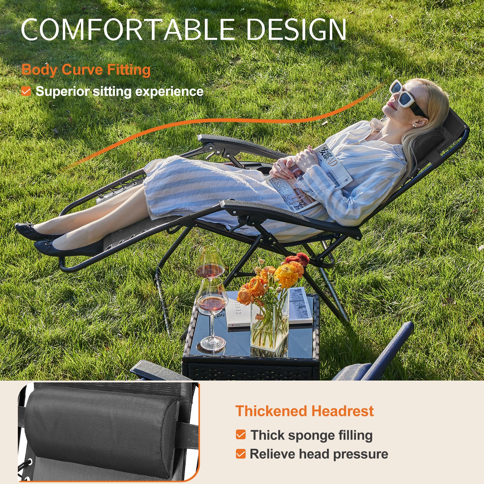 RELAXSET Set of 2 Zero Gravity Lounge Chairs with Pillow & Cup Holder