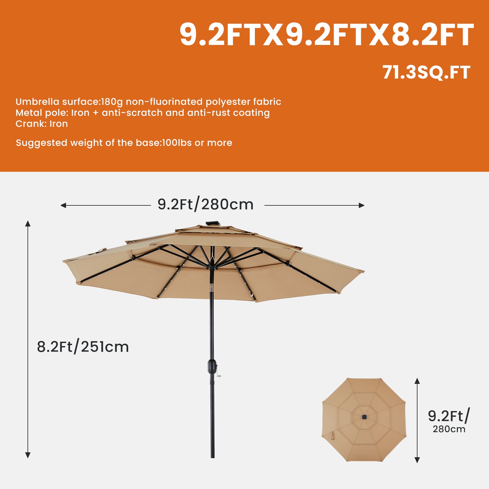 SKYLIGHT 10FT 3-Tier Solar Patio Umbrella with LED & Push Tilt