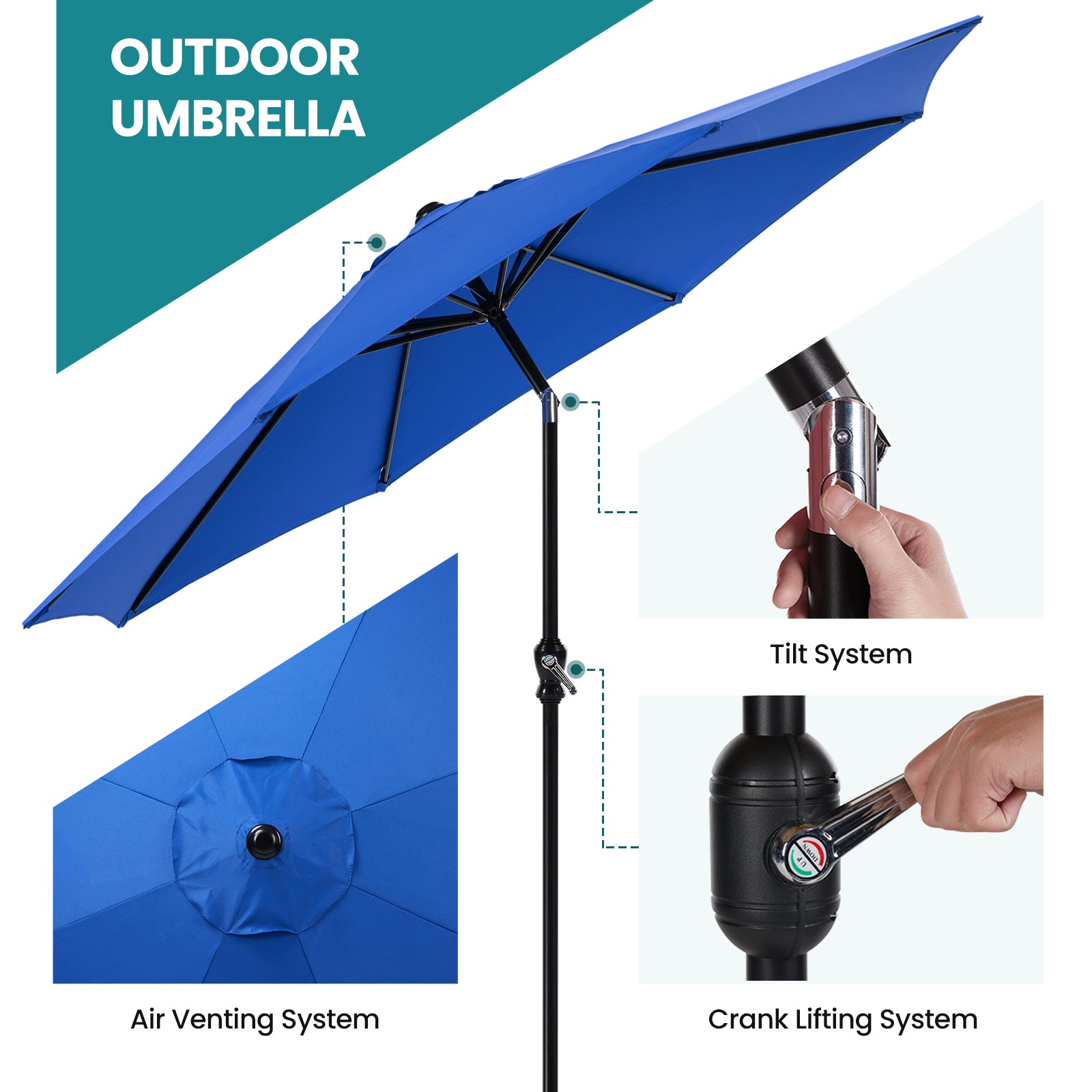 SUNSHIELD Outdoor Push Tilt Crank Patio Umbrella with 8 Ribs & Weather-Resistant
