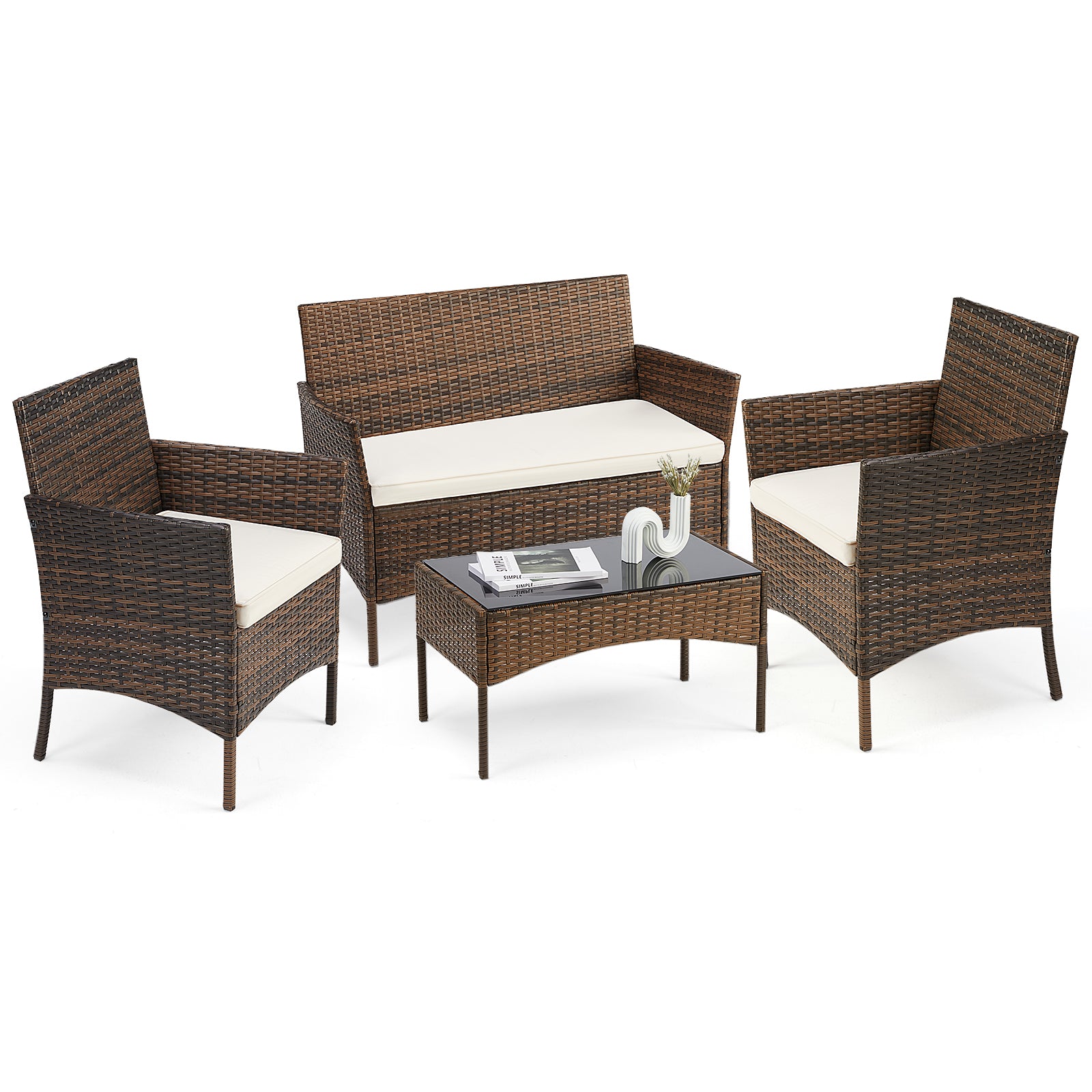 LUXURABORA 4-Piece Patio Furniture Set with Glass Table & All-Weather Rattan