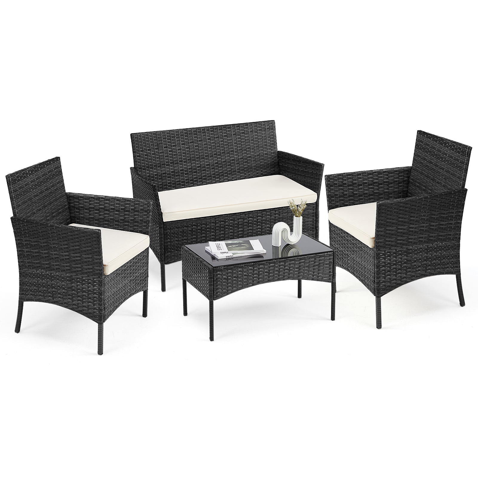 LUXURABORA 4-Piece Patio Furniture Set with Glass Table & All-Weather Rattan