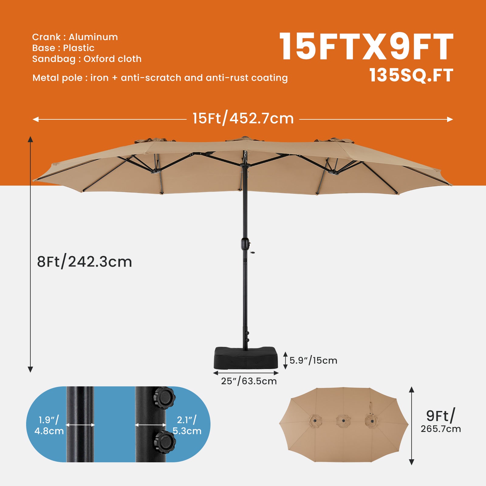 COVERMAX 15ft Large Patio Umbrella with Base & Rectangle