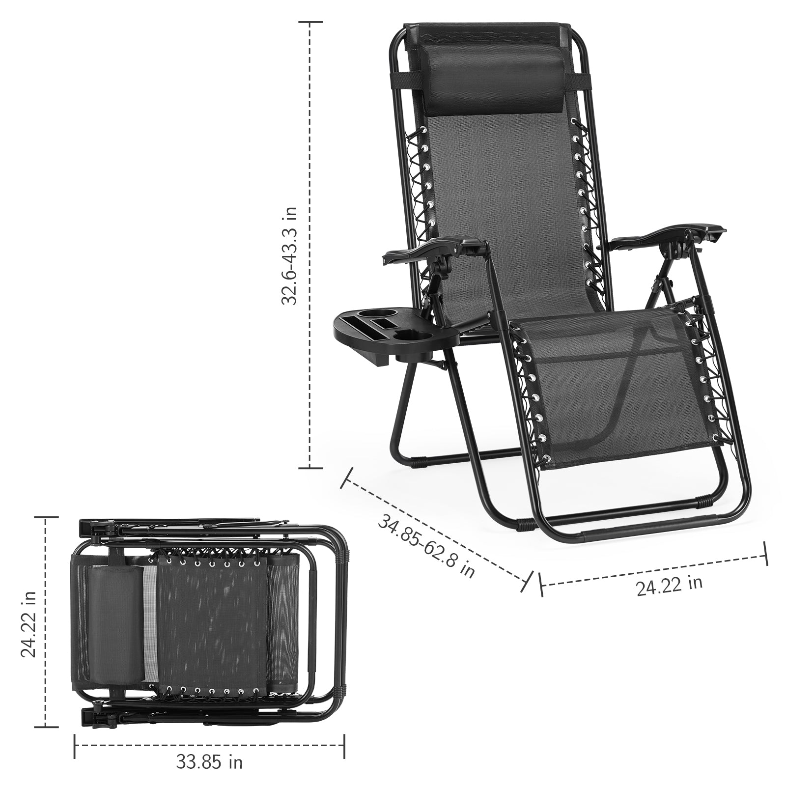 RELAXSPACE Set of 2 Zero Gravity Folding Recliners with Pillow & Cup Holder