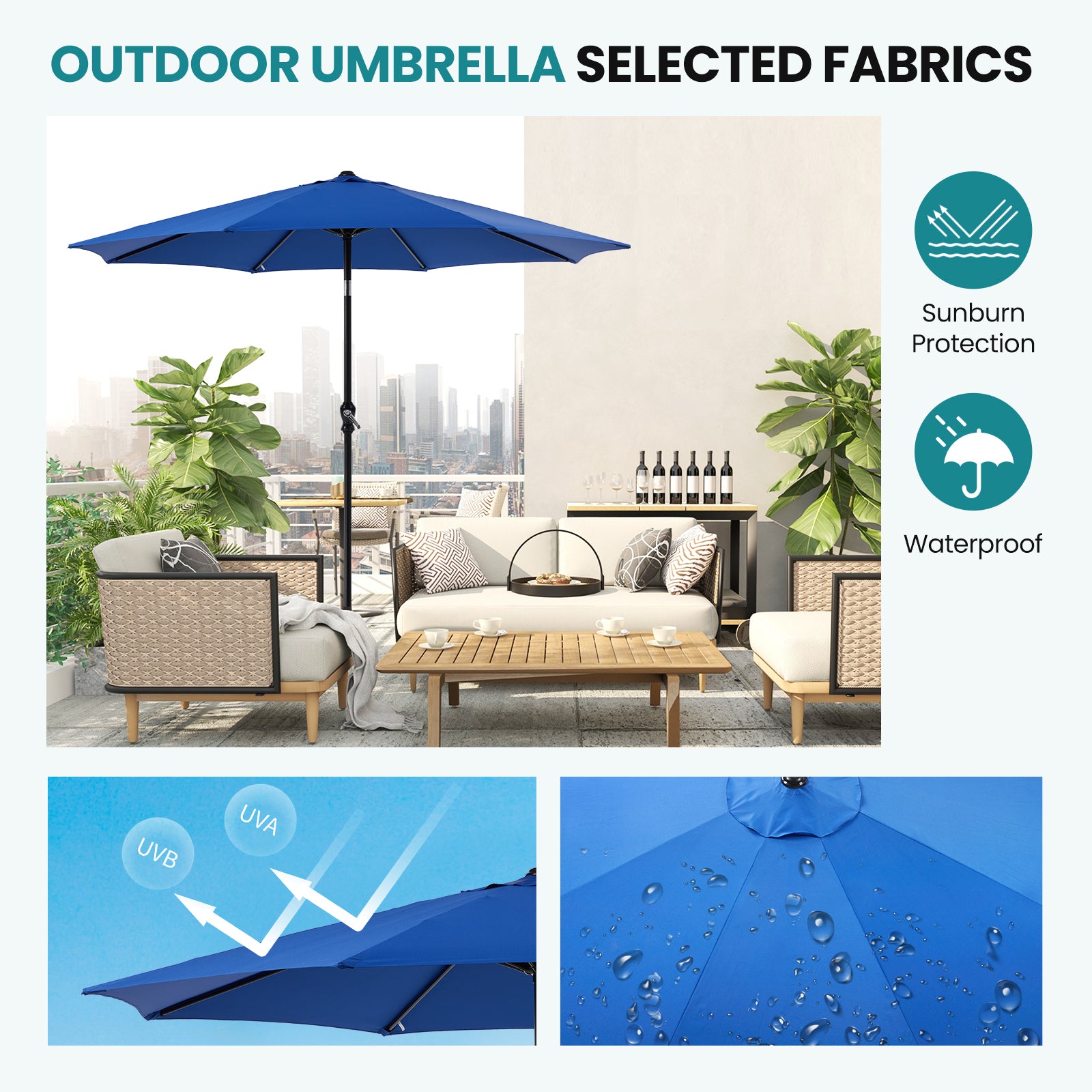 SUNSHIELD Outdoor Push Tilt Crank Patio Umbrella with 8 Ribs & Weather-Resistant