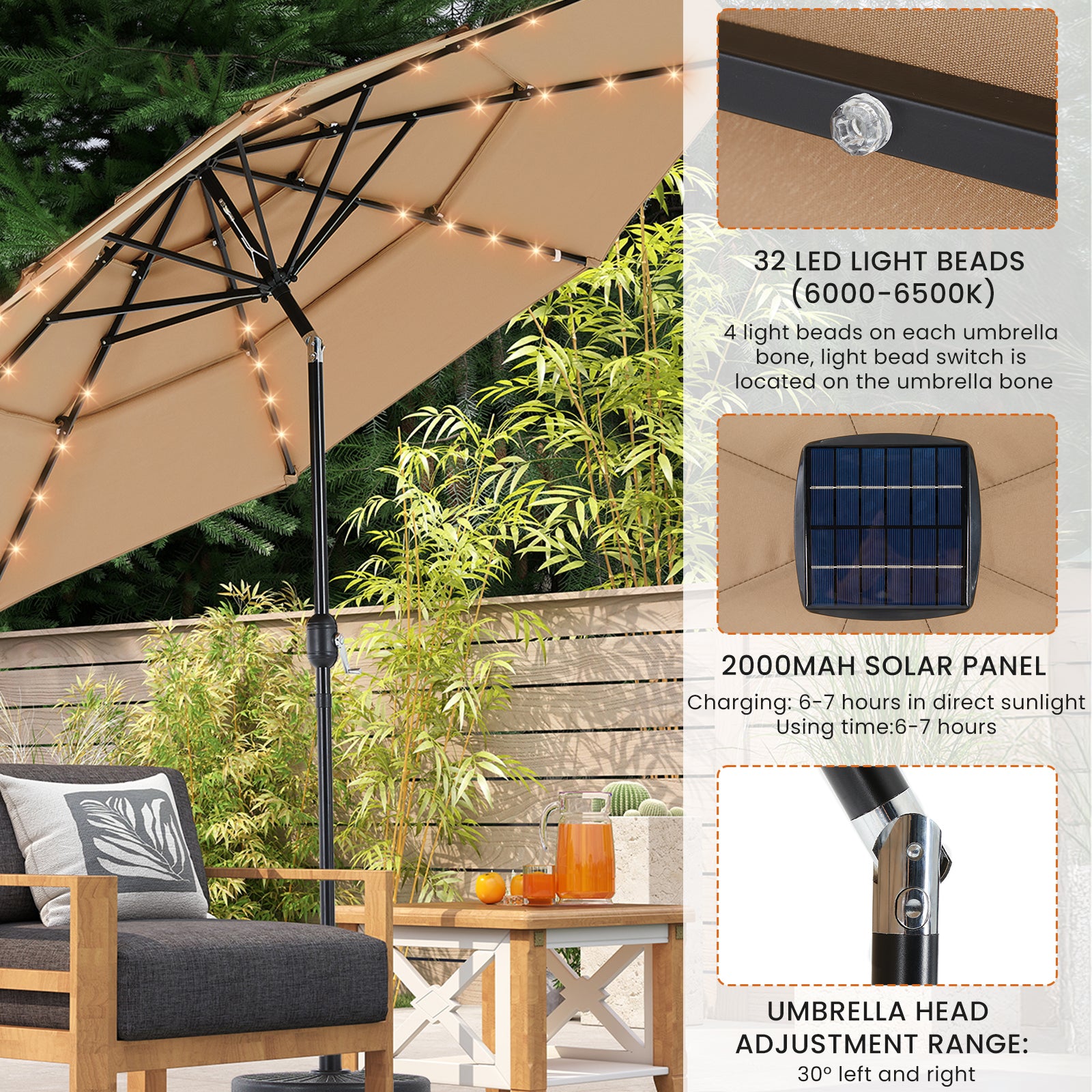 SKYLIGHT 10FT 3-Tier Solar Patio Umbrella with LED & Push Tilt
