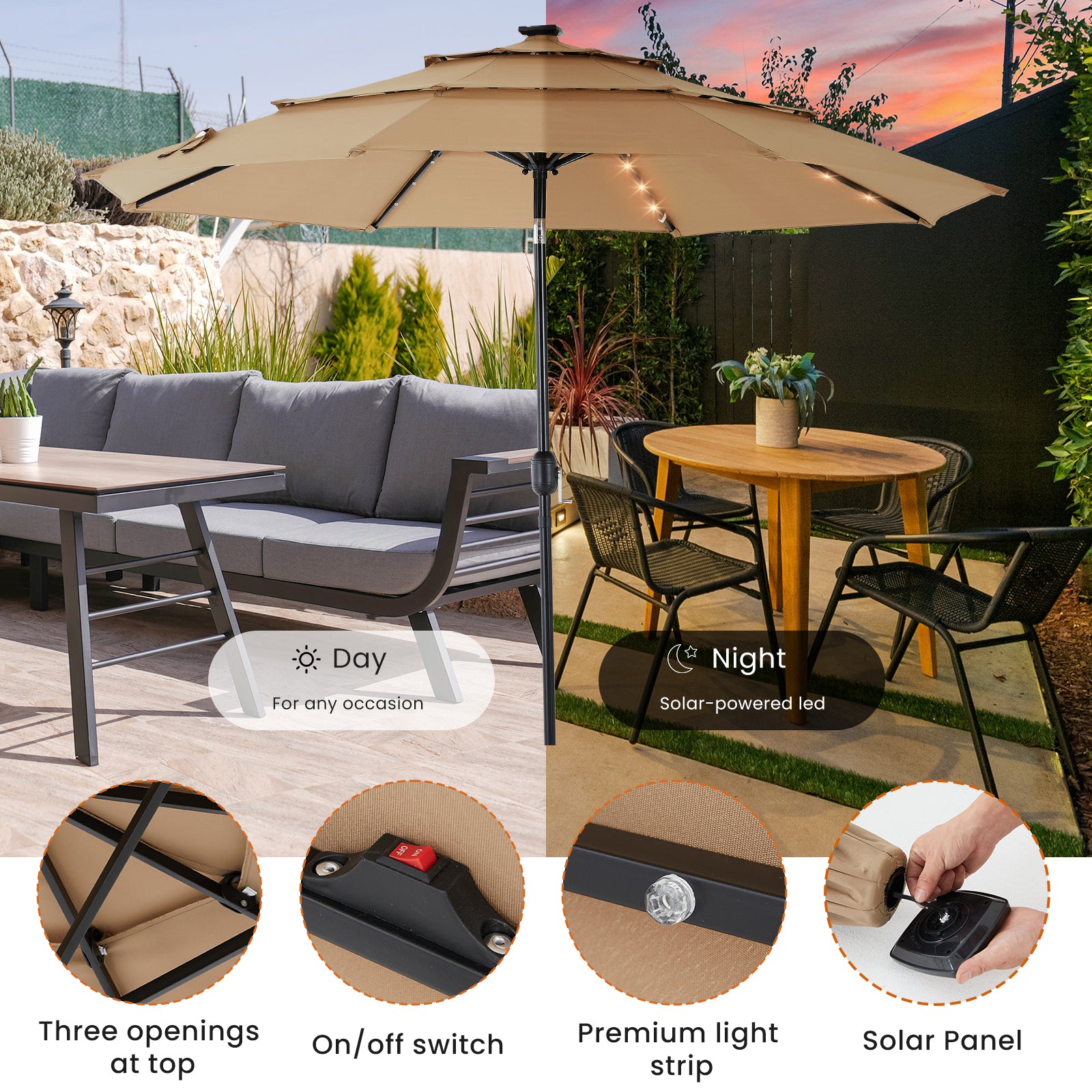 SKYLIGHT 10FT 3-Tier Solar Patio Umbrella with LED & Push Tilt
